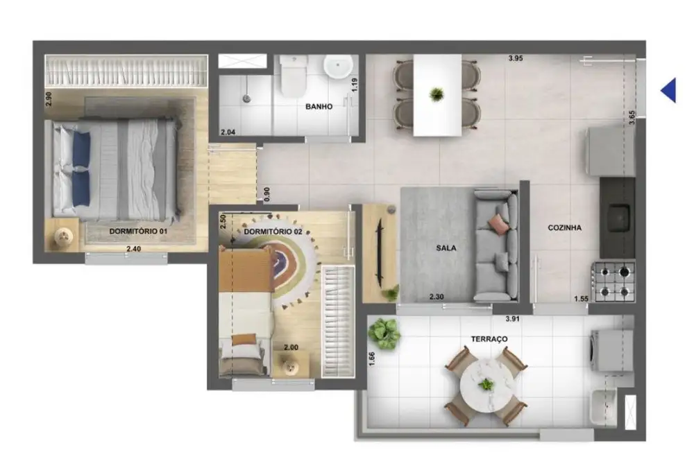 Planta 2 dormitórios 42 m²