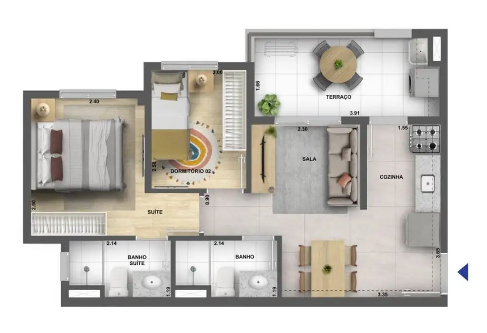 Planta 2 dormitórios 45 m²