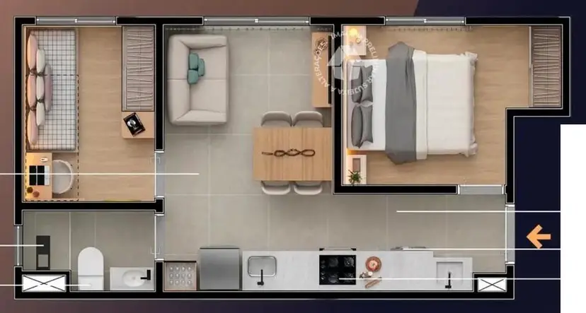 Planta 2 dormitórios 34 m²