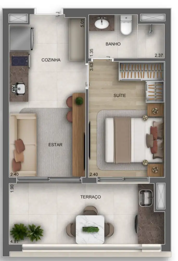 Planta 1 dormitório 39 m²