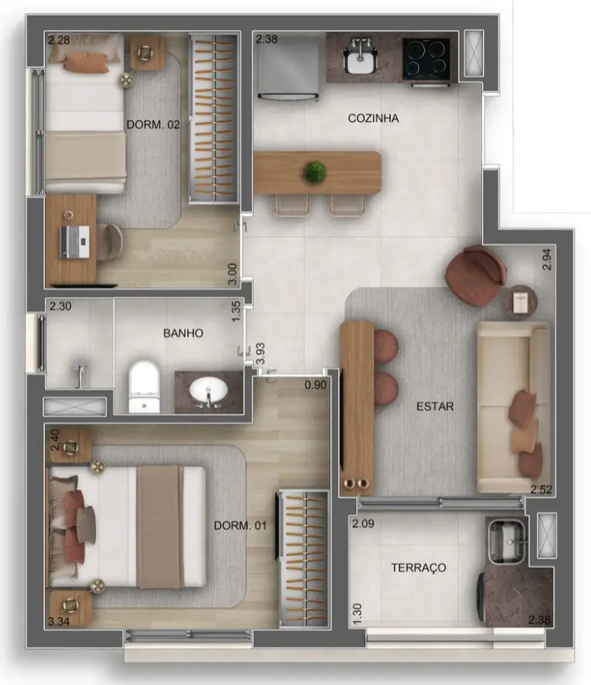 Planta 2 dormitórios 44 m²
