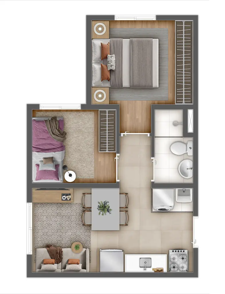 Planta 2 dormitórios 31,71 m²