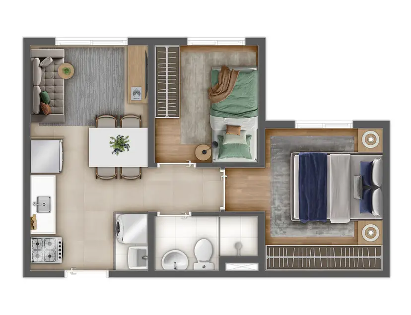 Planta 2 dormitórios 31,81 m²