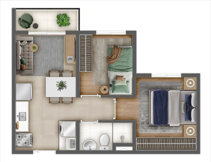 Planta 2 dormitórios 34,45 m²