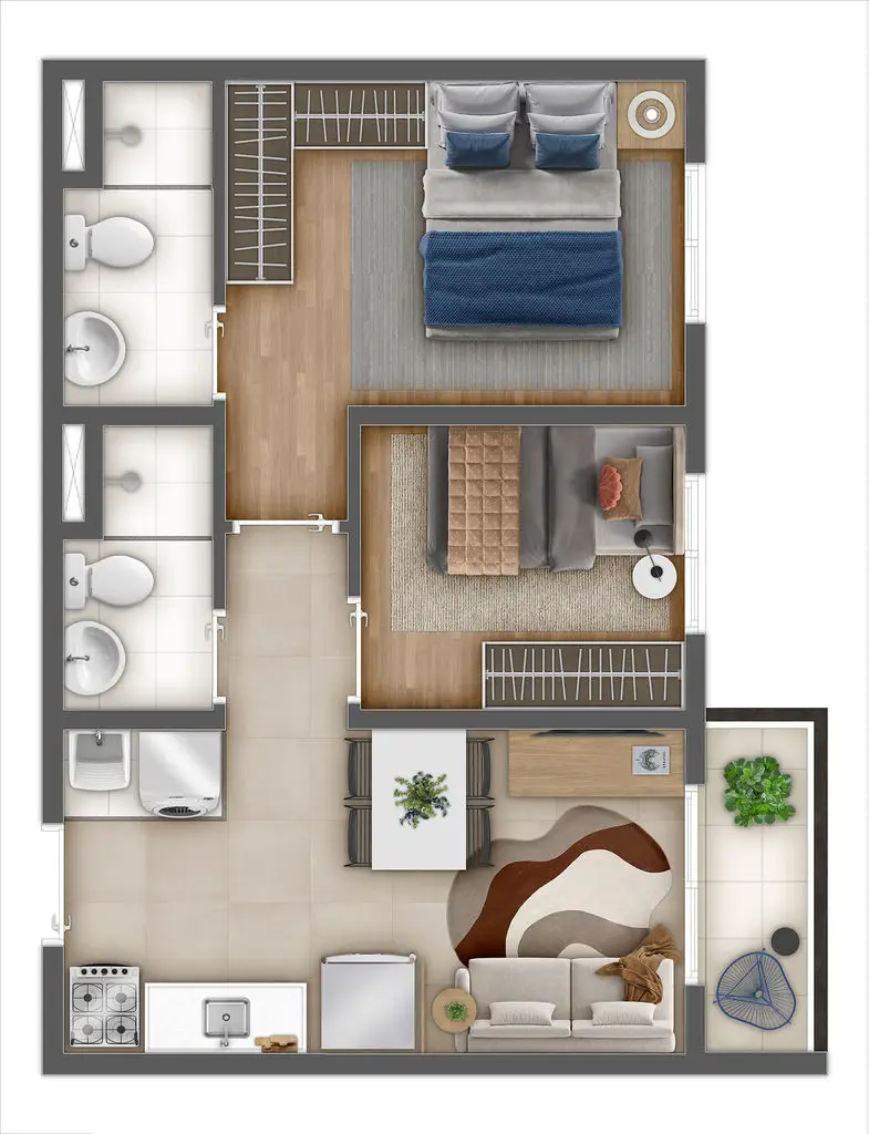 Planta 2 dormitórios 38,73 m²