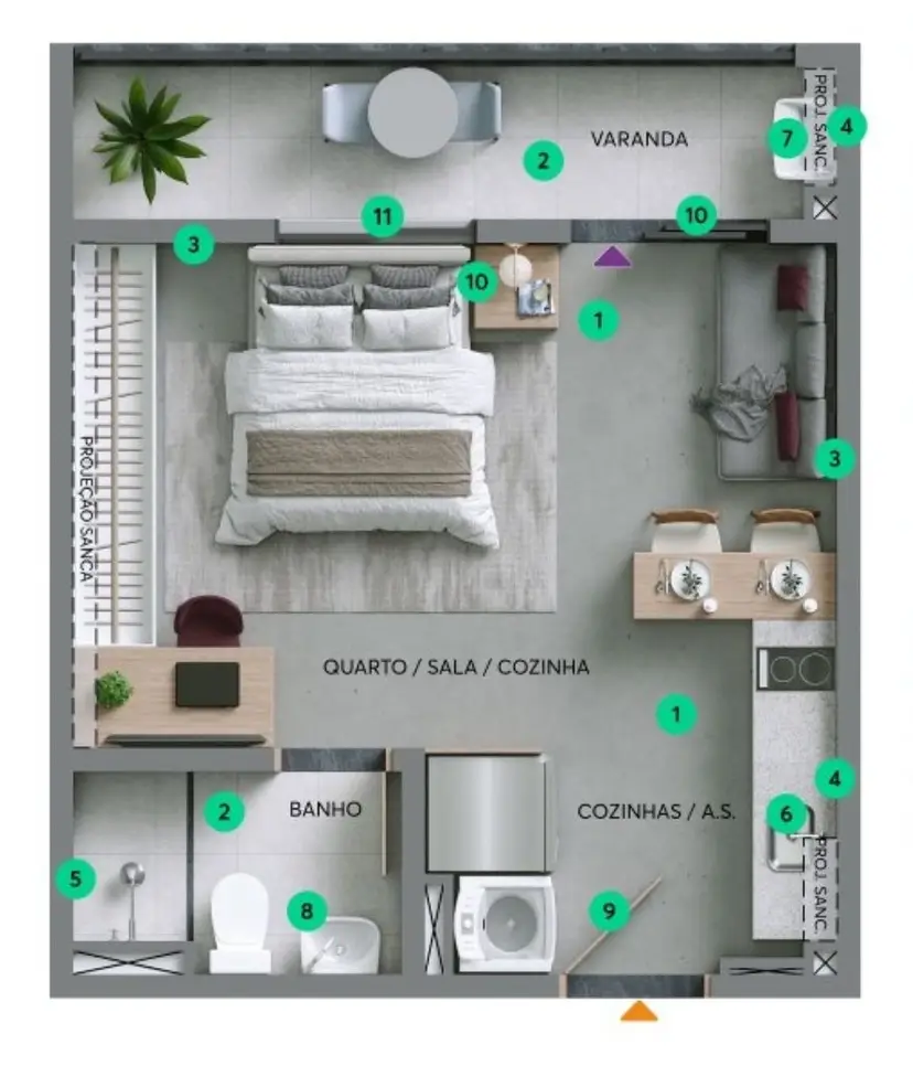 Planta Studio 26,63 m²