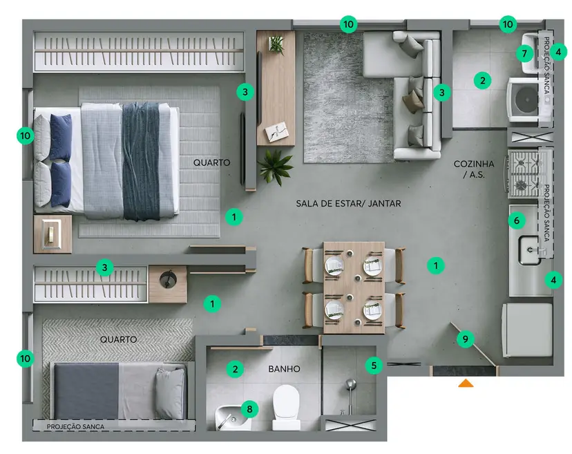 Planta 2 dormitórios 35,87 m²