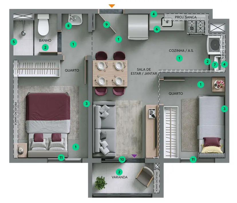 Planta 2 dormitórios 36,69 m²
