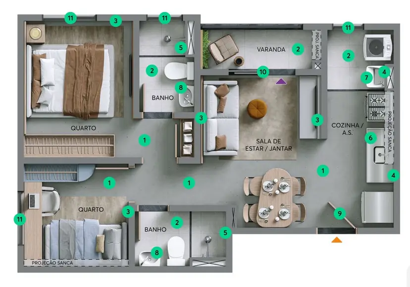 Planta 2 dormitórios 43,05 m²