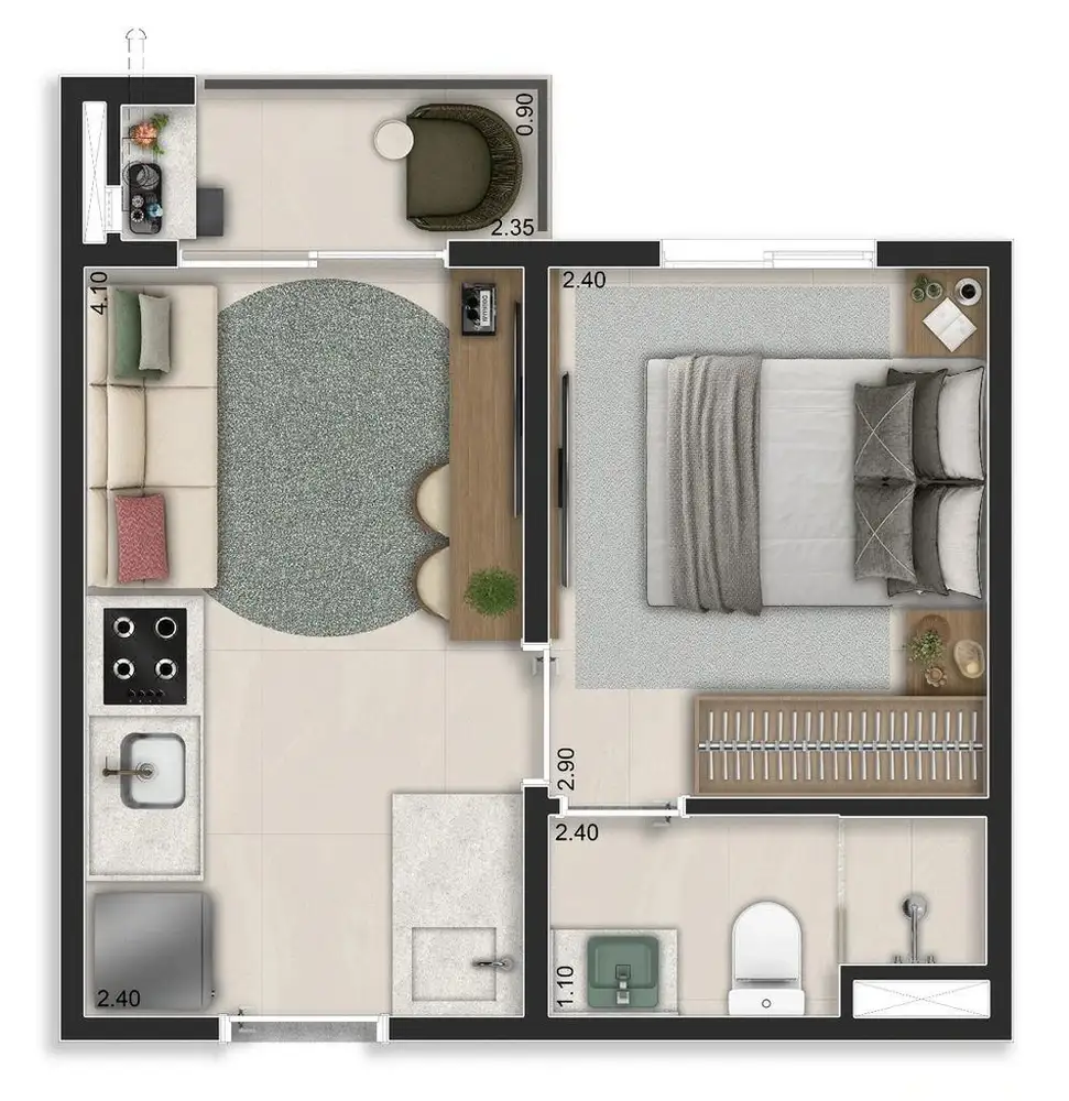 Planta 1 dormitório 25 m²