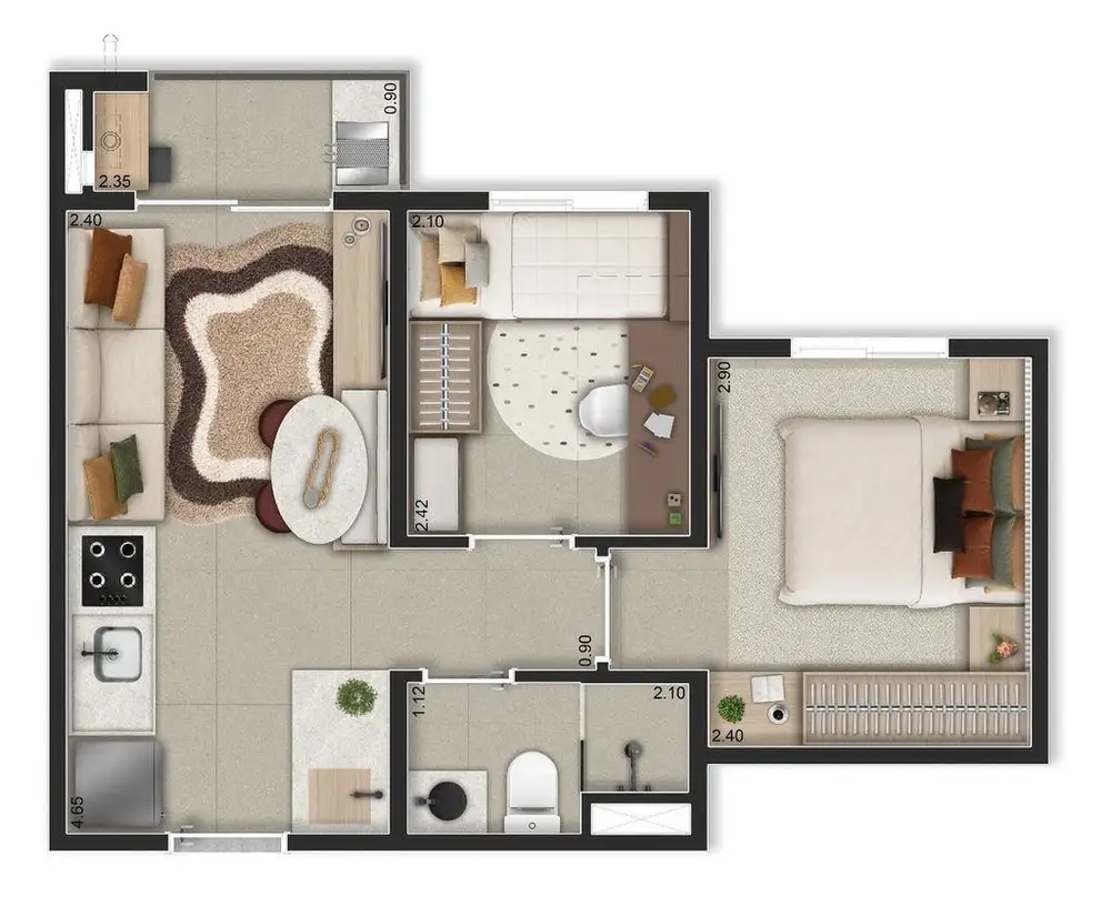 Planta 2 dormitórios 34 m²