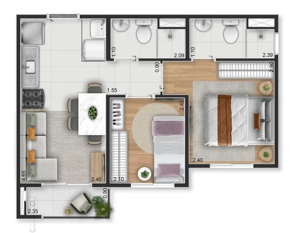 Planta 2 dormitórios 37 m²