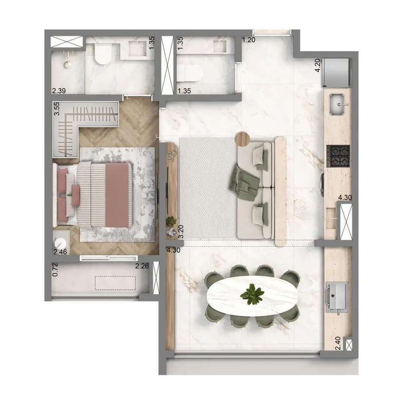 Planta 1 dormitório 48 m²
