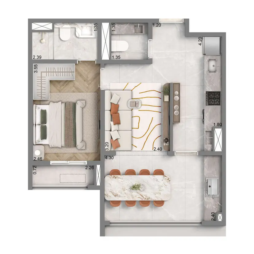 Planta 1 dormitório 48 m²