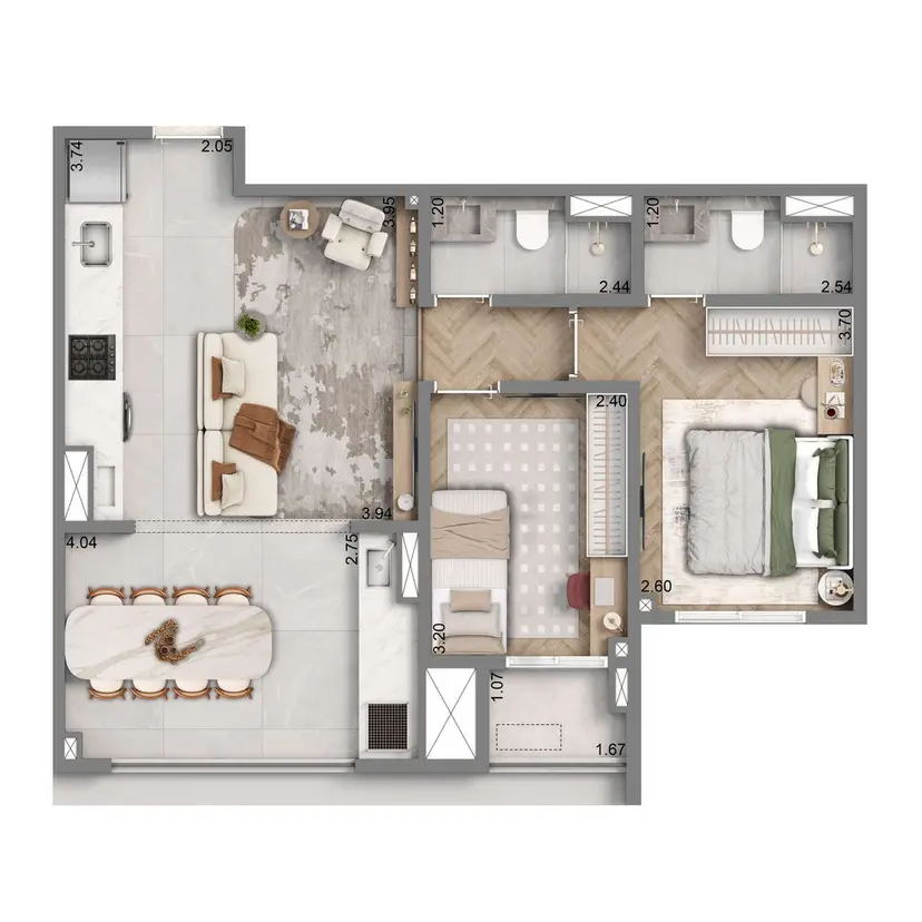Planta 2 dormitórios 65 m²