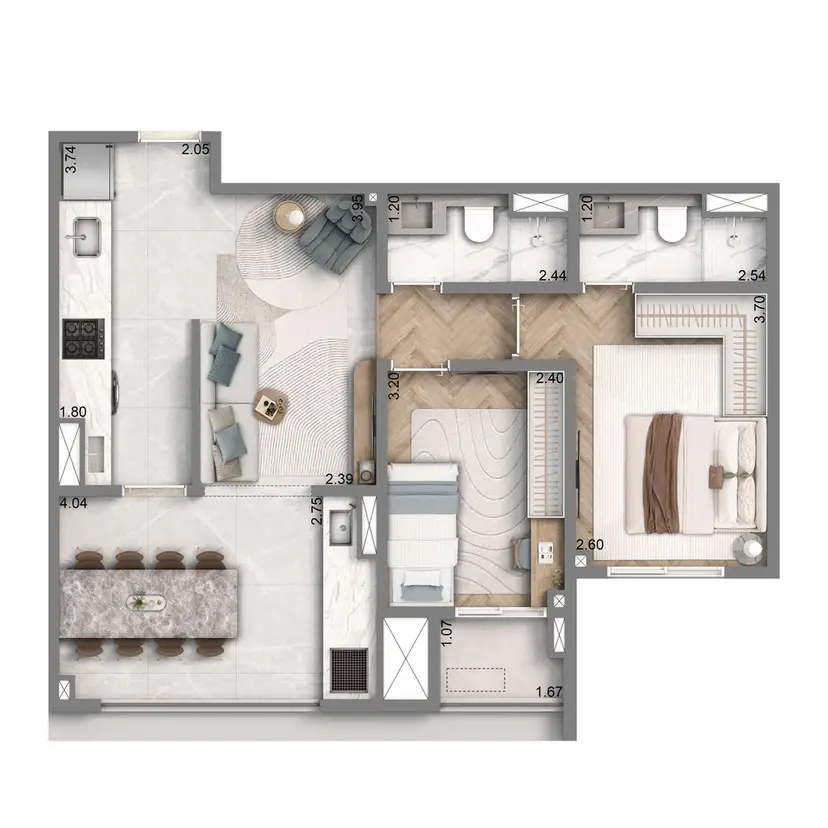 Planta 2 dormitórios 65 m²