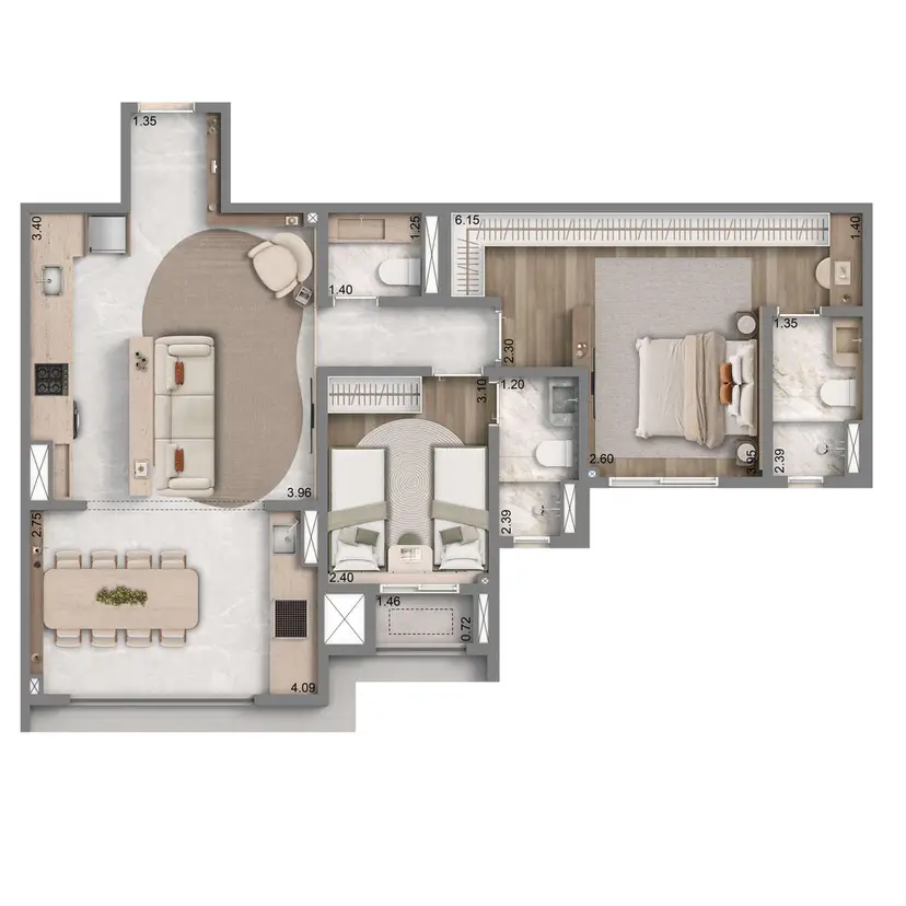 Planta 2 dormitórios 77 m²