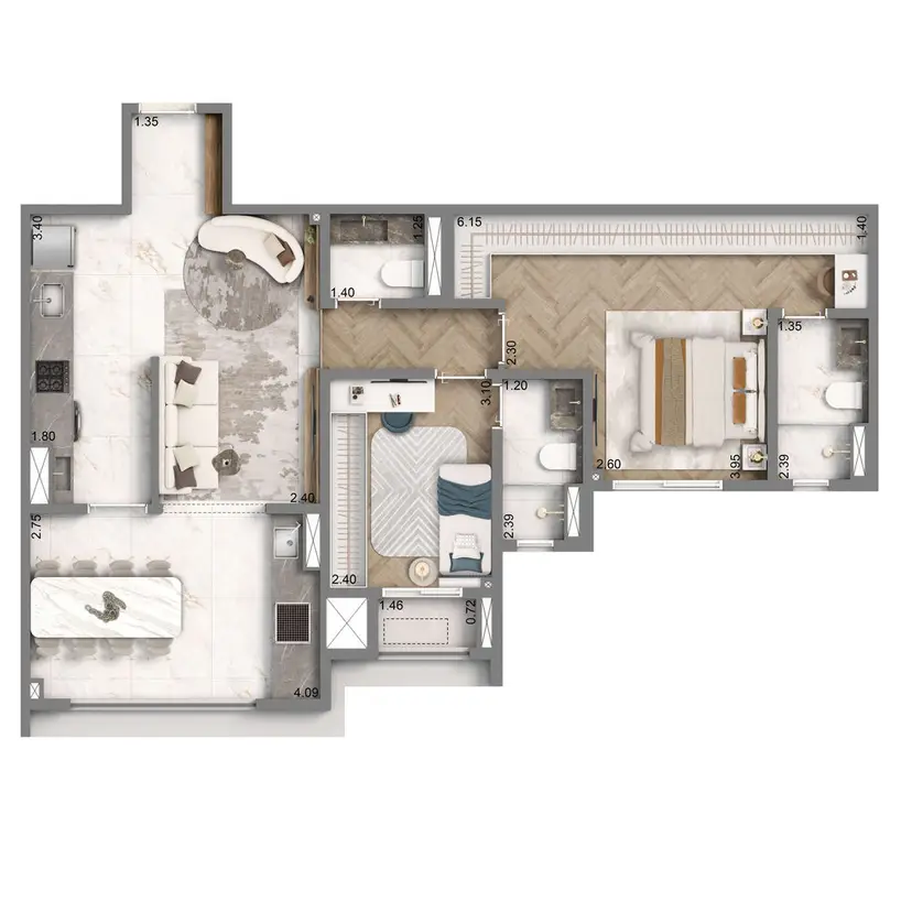 Planta 2 dormitórios 77 m²
